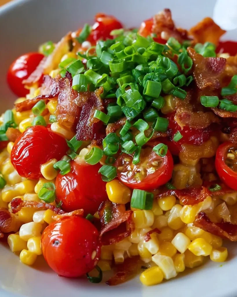 Delicious Sweet Corn & Tomato Sauté with Bacon on a plate