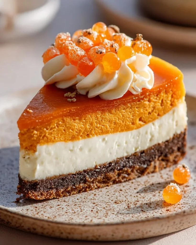 A slice of creamy Sweet Potato Cheesecake topped with whipped cream and spices.