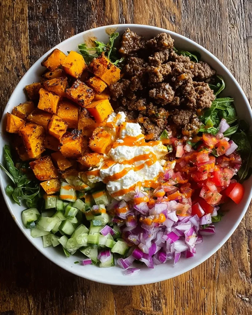 Sweet Potato & Ground Beef Power Bowl filled with healthy ingredients