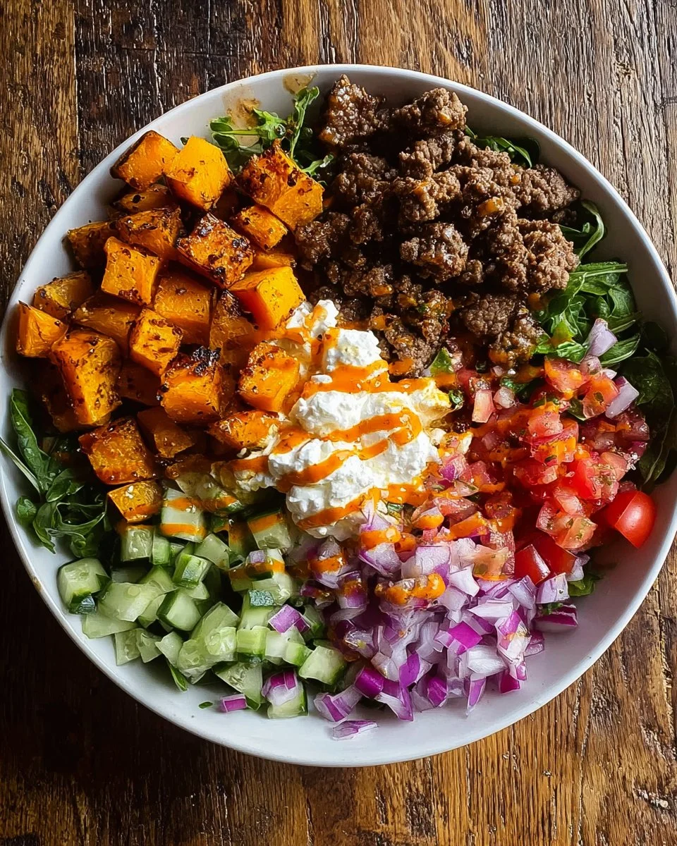 Sweet Potato & Ground Beef Power Bowl filled with healthy ingredients