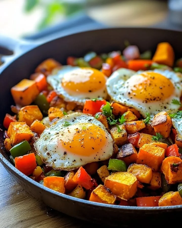 Delicious sweet potato hash with colorful veggies served on a plate
