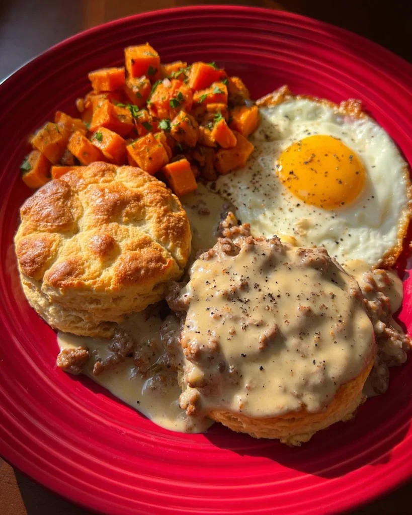Delicious sweet potato hash with sausage and eggs served in a vibrant dish