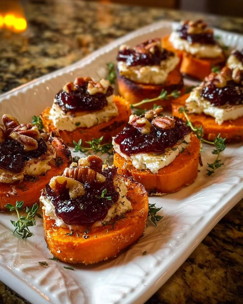 Sweet potato rounds topped with brie cheese, cranberry, and pecans on a serving platter
