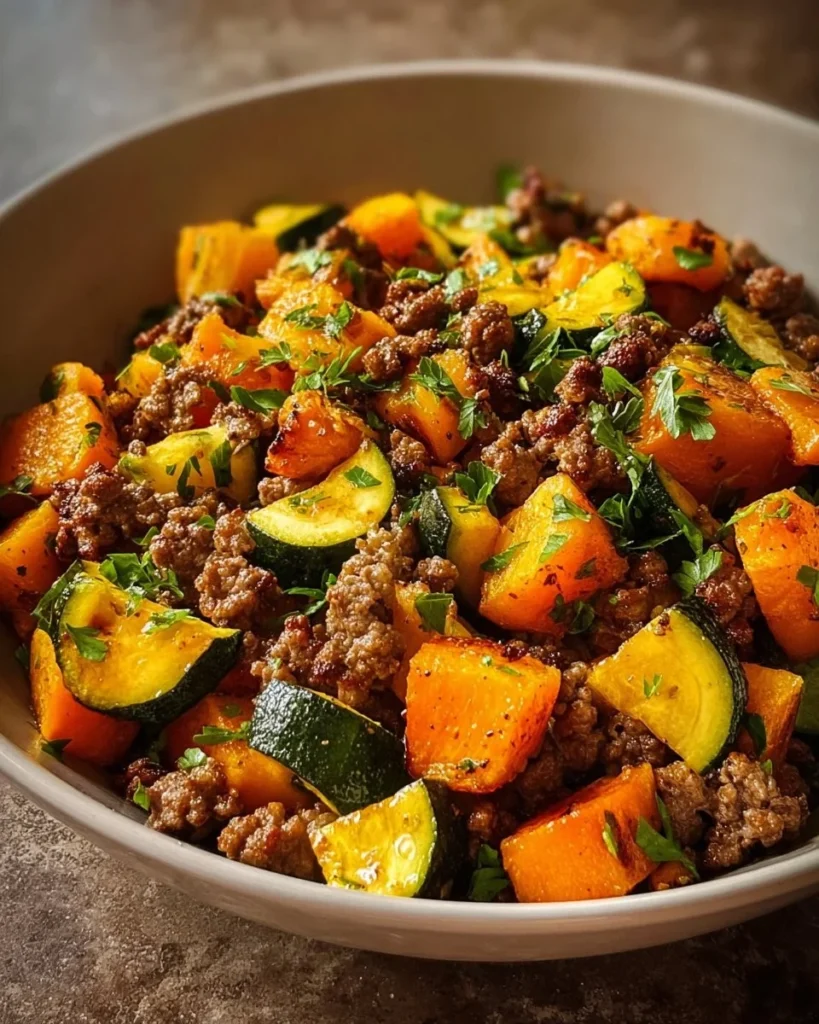 Sweet Potato and Zucchini Ground Beef Skillet served in a cast iron pan