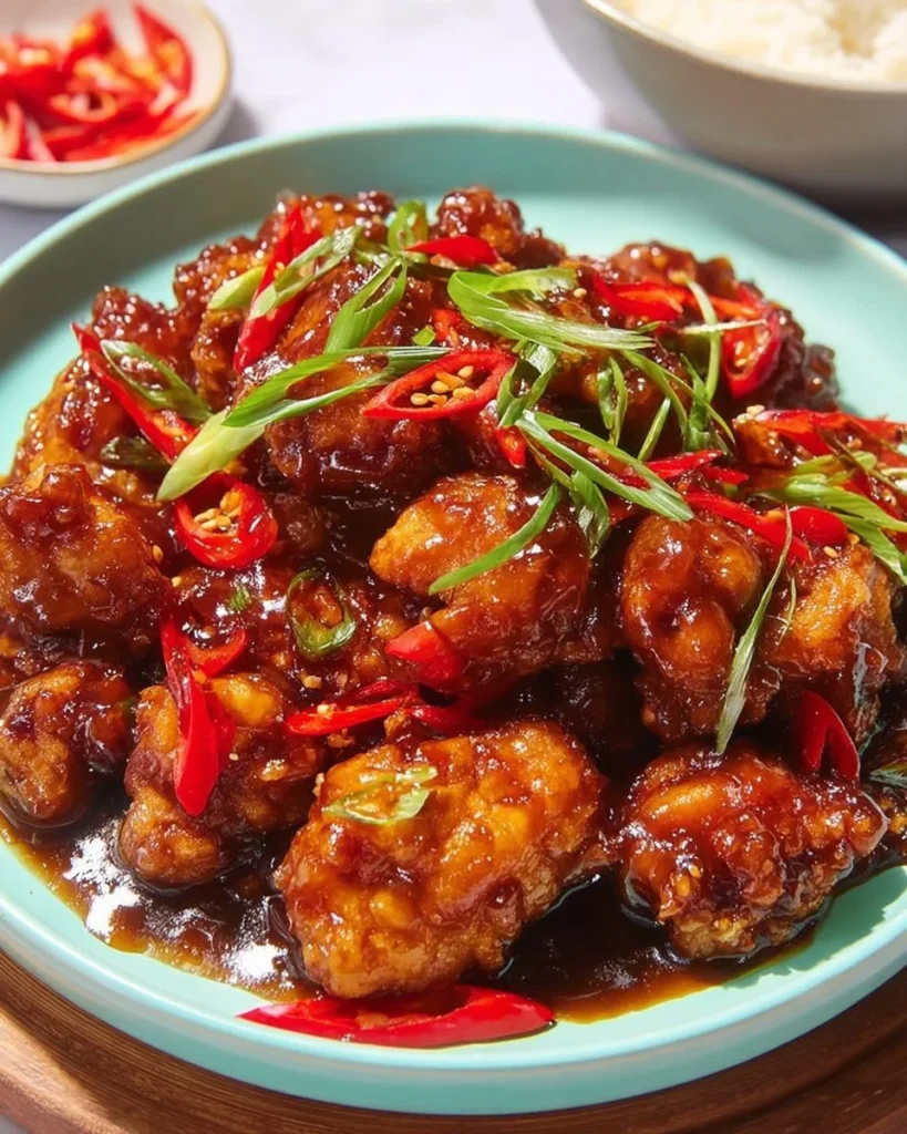 Plate of sweet savory Mongolian chicken garnished with green onions
