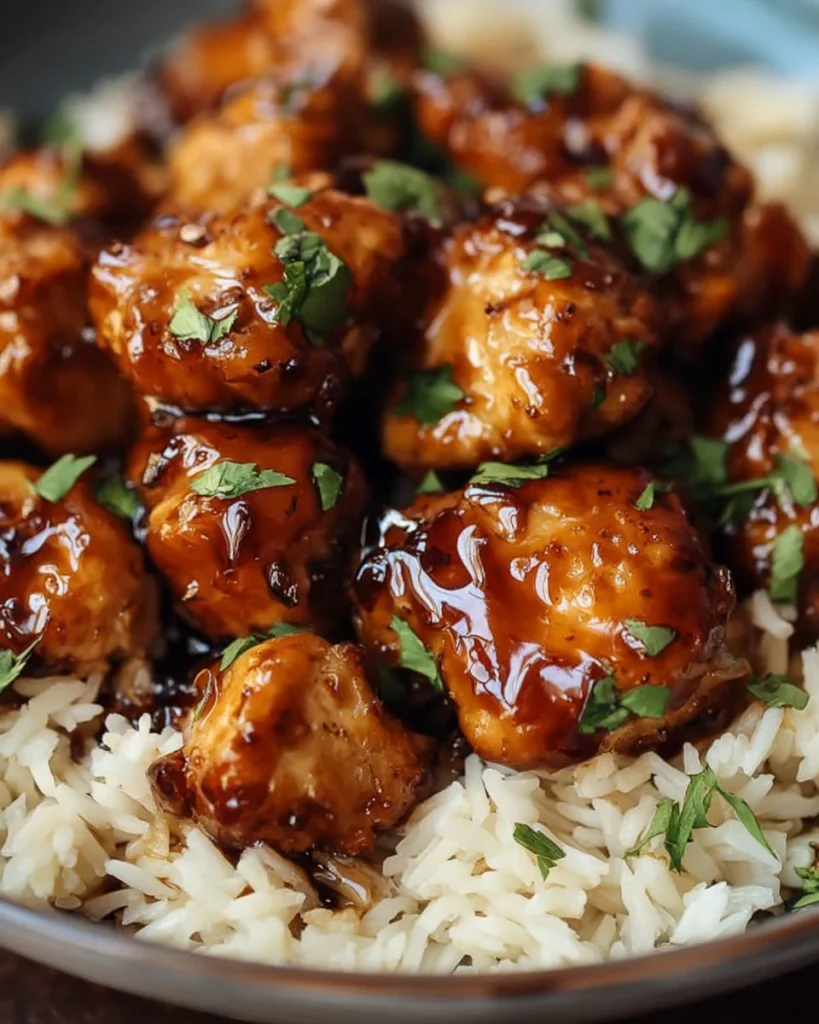 Sweet and smoky glazed chicken bites on a serving platter
