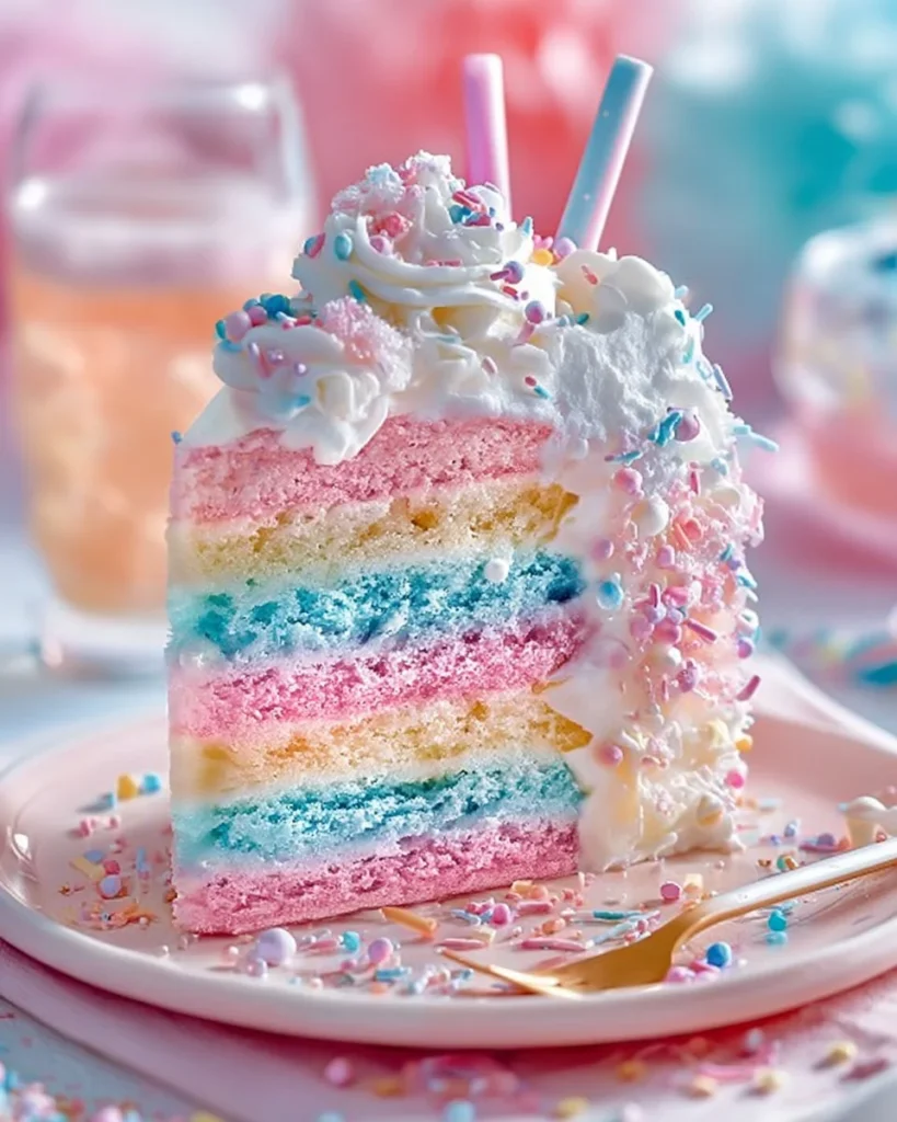 Sweet Symphony Cotton Candy Cake topped with colorful cotton candy and sprinkles