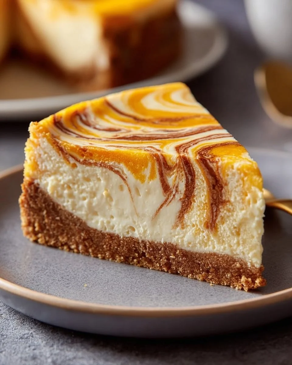 Delicious swirled pumpkin cheesecake topped with whipped cream and a spice swirl