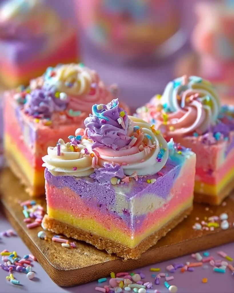 Swirled Rainbow Cheesecake Bars with vibrant colors and creamy texture
