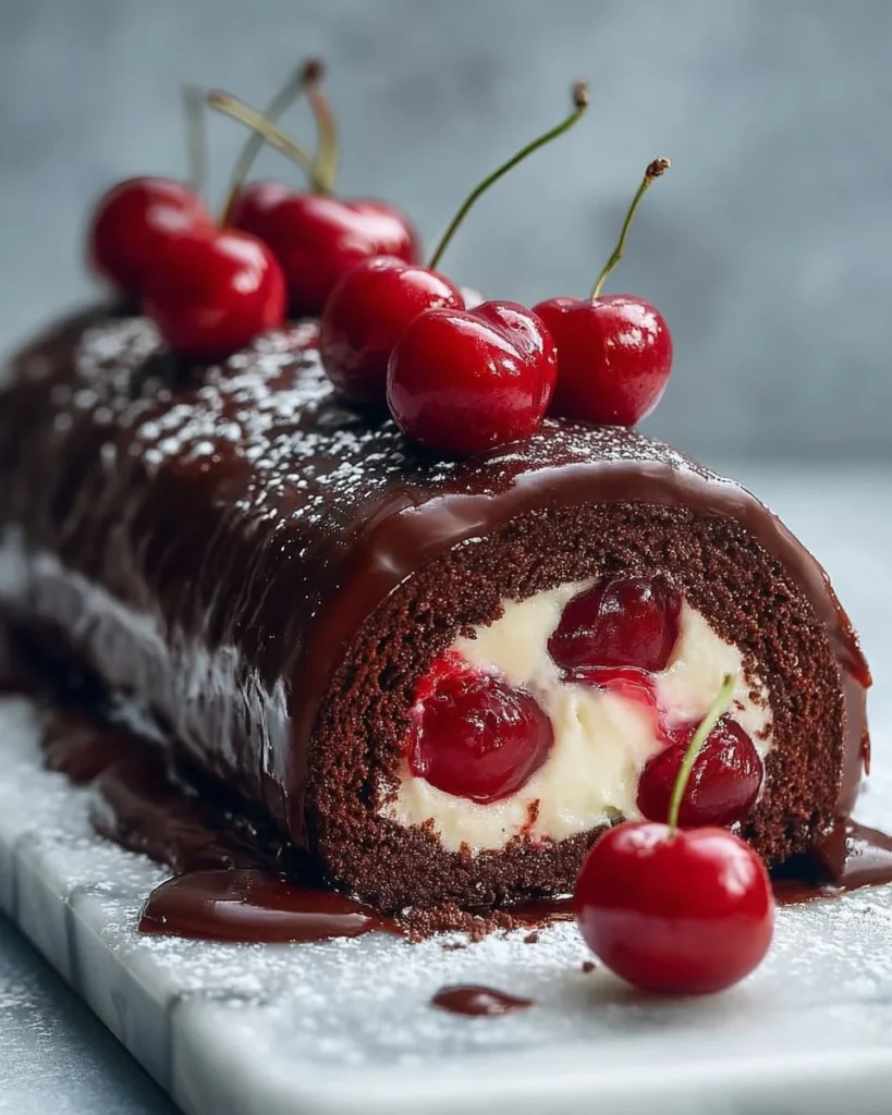 A beautiful Swiss Roll dessert adorned with Black Forest cherries and cream.