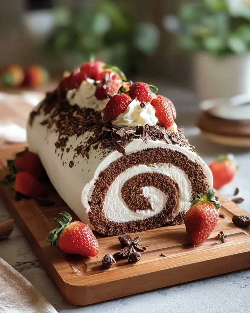 Delicious Swiss Roll infused with Black Forest flavors, elegantly presented.