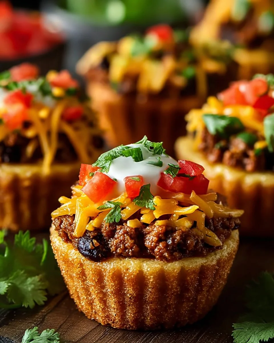 Delicious homemade Taco Cupcakes topped with fresh ingredients.