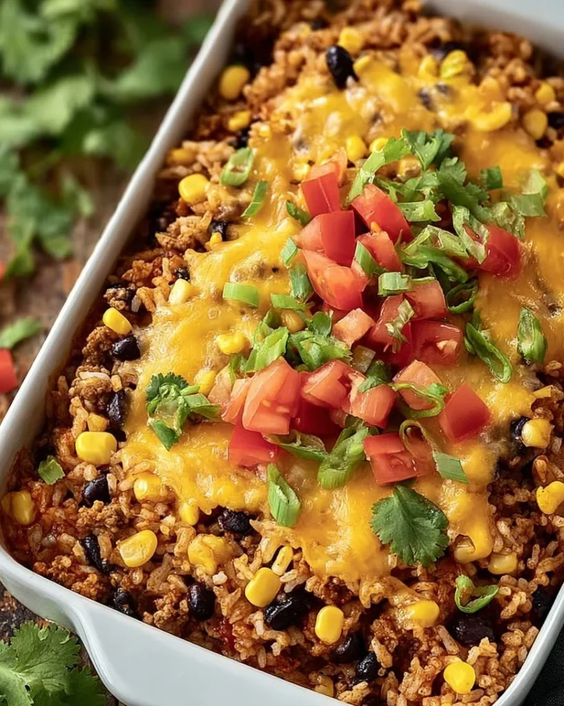 Taco Rice Casserole with layers of beef, cheese, and rice in a baking dish