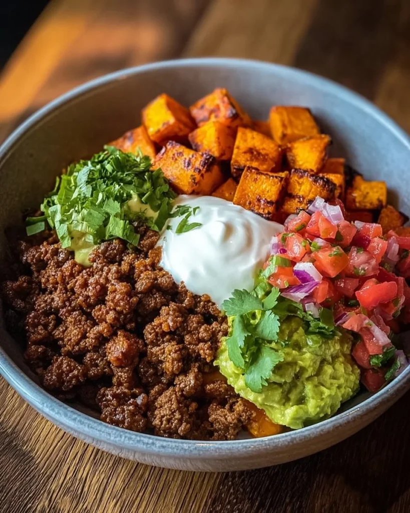 Colorful Taco Sweet Potato Bowl with toppings and fresh ingredients
