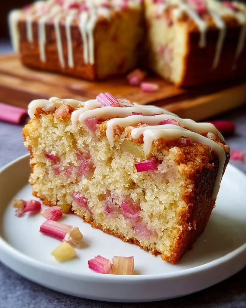 Tangy rhubarb coffee cake with cinnamon streusel crumble on a plate