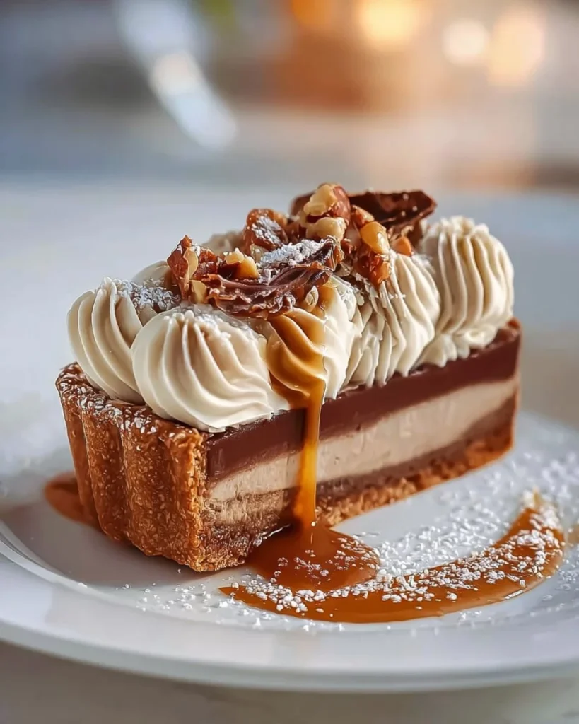 Delicious Tarte Vanille et Praliné with creamy vanilla and rich praline topping.