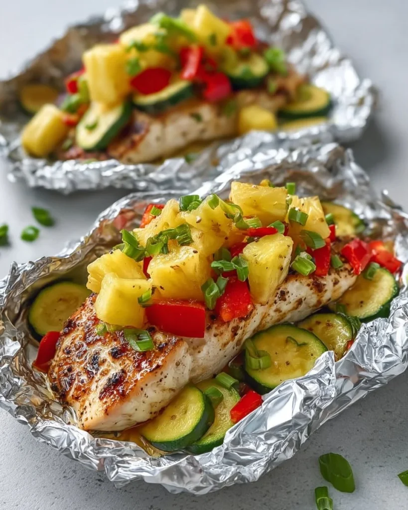 Delicious teriyaki chicken and pineapple foil packets ready for grilling.