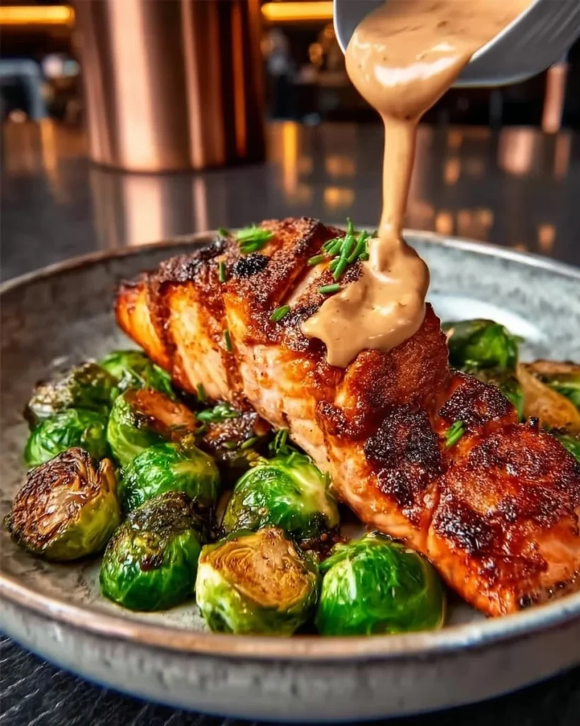Teriyaki salmon bowls with crispy Brussels sprouts served in a vibrant dish
