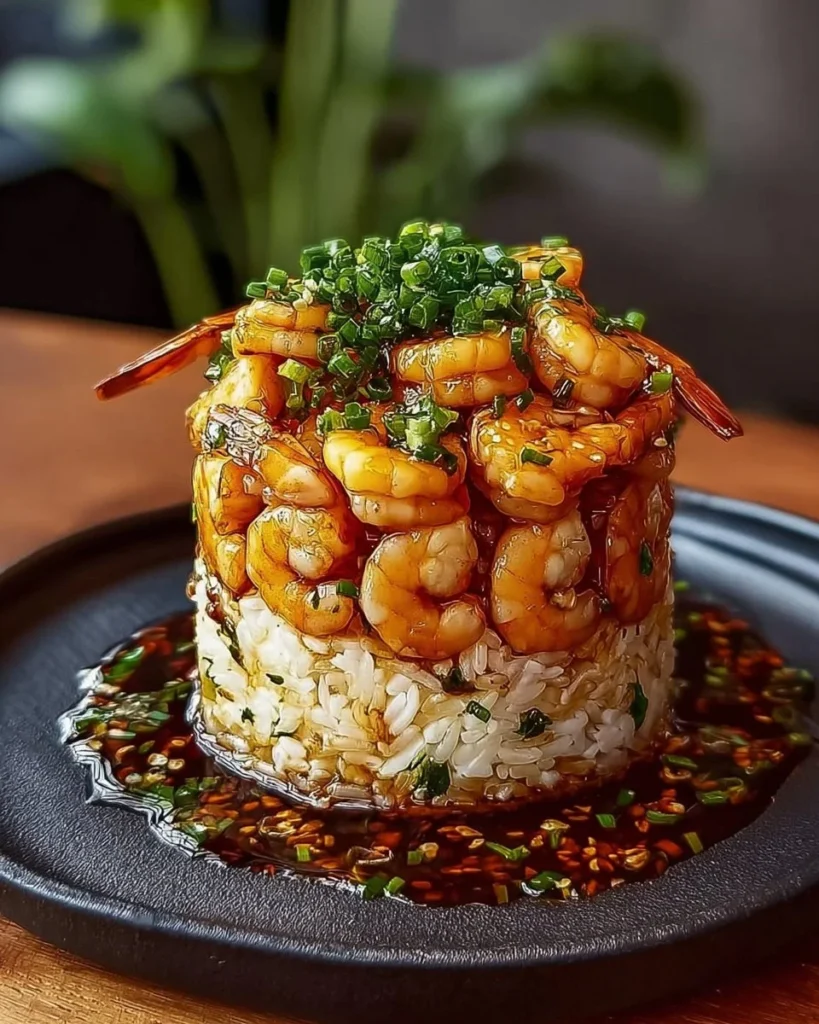 Delicious Teriyaki Shrimp served over a bed of pineapple rice stack.