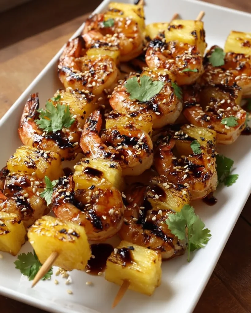 Grilled teriyaki shrimp skewers with pineapple on a plate