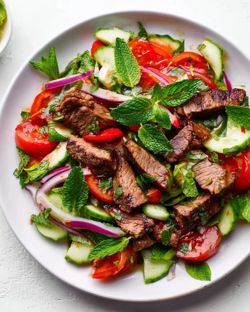 Delicious Thai Beef Salad made with fresh vegetables and grilled beef strips