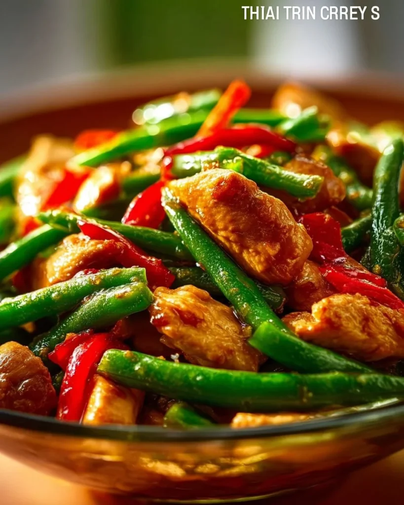 Thai Chicken Stir Fry with Green Beans on a plate garnished with herbs.