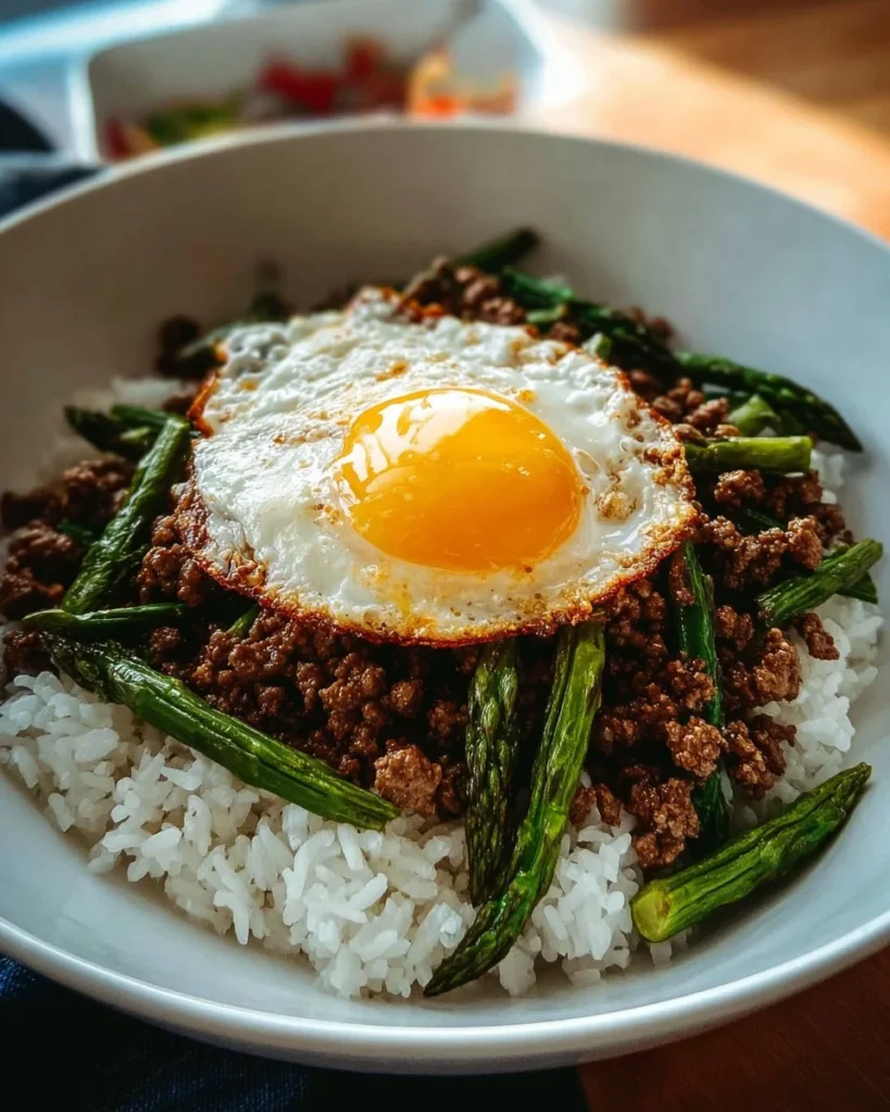 Thai ground beef dish served with rice and a fried egg