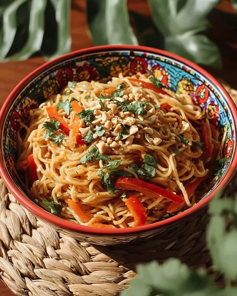 Delicious Thai Peanut Noodle Salad with colorful veggies and peanut dressing