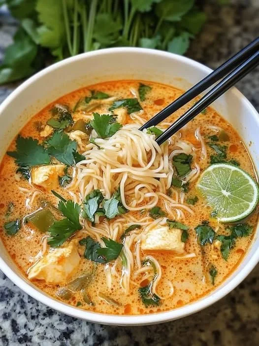 A bowl of Thai Red Curry Noodle Soup with vibrant flavors and ingredients