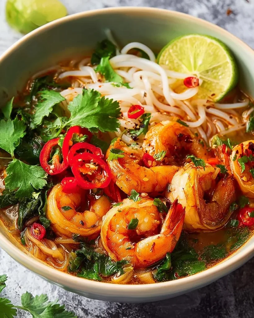 Delicious Thai Shrimp Coconut Noodle Soup garnished with herbs and lime.