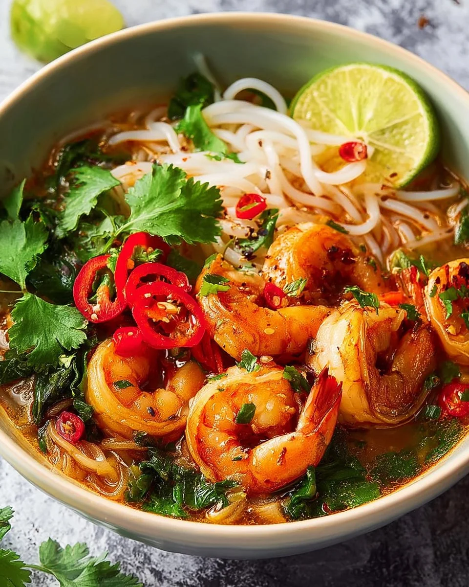 Delicious Thai Shrimp Coconut Noodle Soup garnished with herbs and lime.