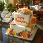A beautifully decorated Thanksgiving Cake with autumn-themed decorations.