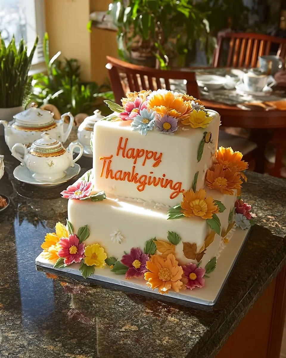 A beautifully decorated Thanksgiving Cake with autumn-themed decorations.
