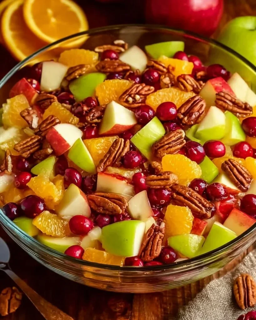 Colorful Thanksgiving fruit salad with seasonal fruits in a bowl