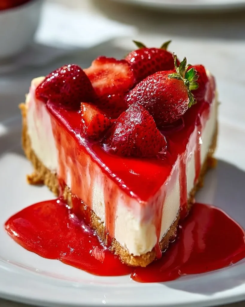 Delicious baked strawberry cheesecake topped with fresh strawberries and whipped cream
