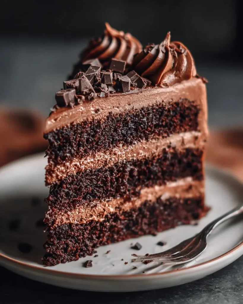 Delicious slice of the best chocolate cake topped with rich chocolate icing