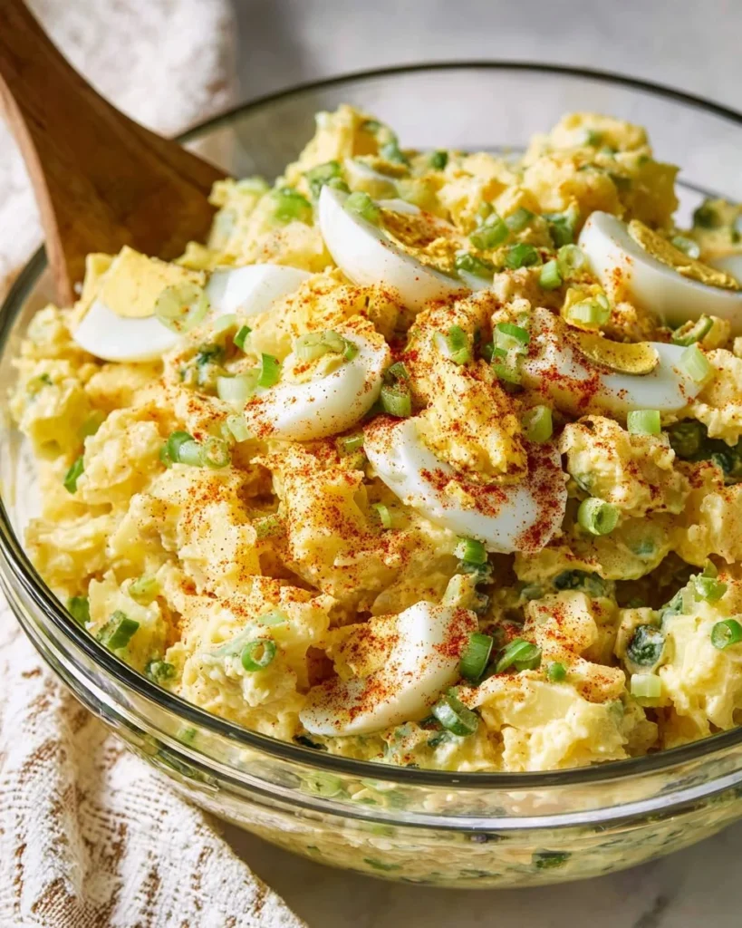 A bowl of creamy potato salad garnished with herbs and spices.