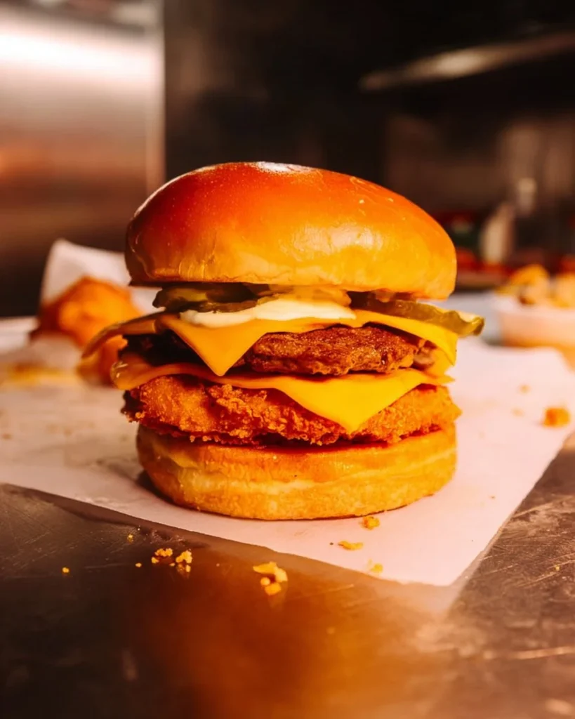 Spicy Chicken 1/4 Pound Cheeseburger topped with fresh ingredients