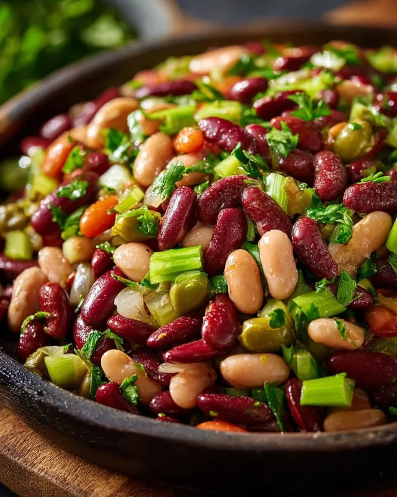 Healthy Three Bean Salad with colorful beans and fresh vegetables
