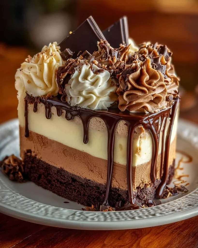 Delicious three-chocolate mousse cake topped with chocolate shavings.