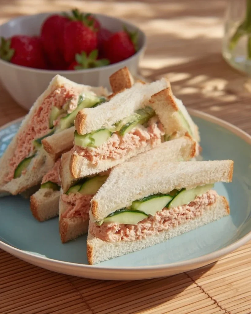 Tinned salmon served with malted vinegar and fresh cucumber slices.