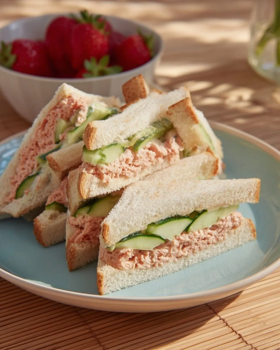 Tinned salmon served with malted vinegar and fresh cucumber slices.