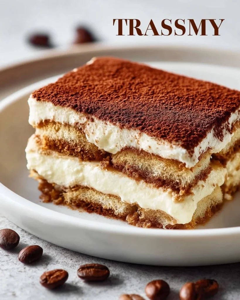 Delicious homemade tiramisu with coffee, mascarpone, and cocoa powder layers.