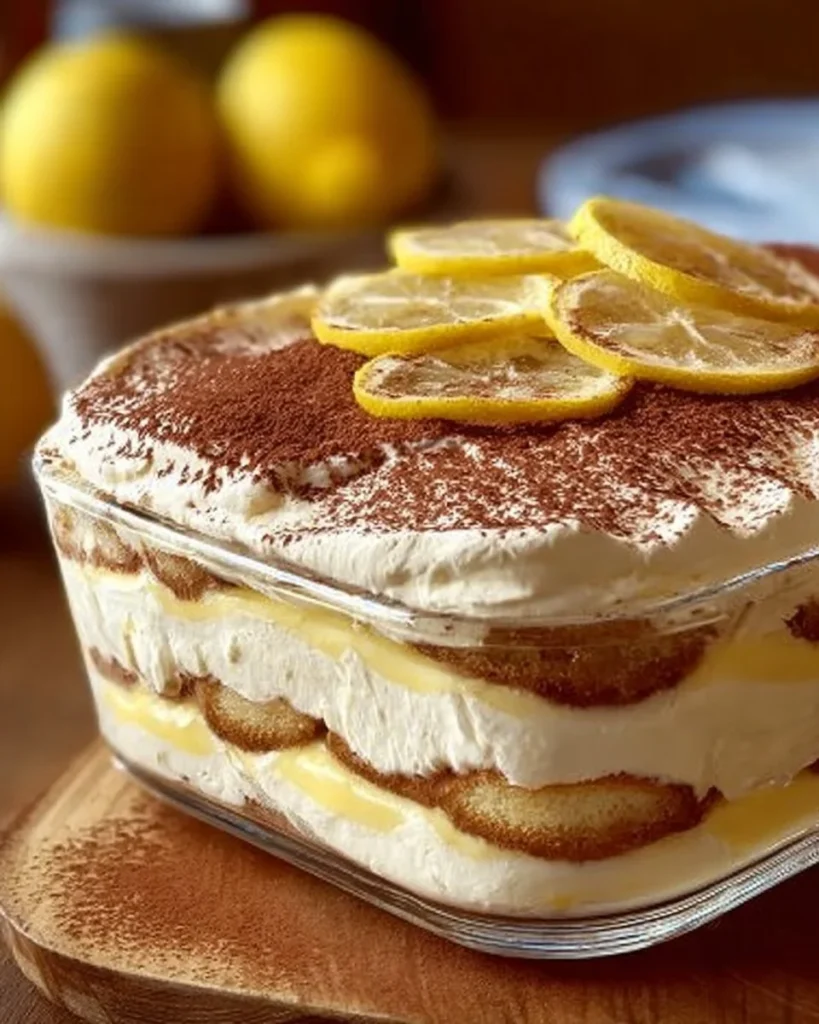 Slice of Tiramisu au Citron with lemon zest on a plate