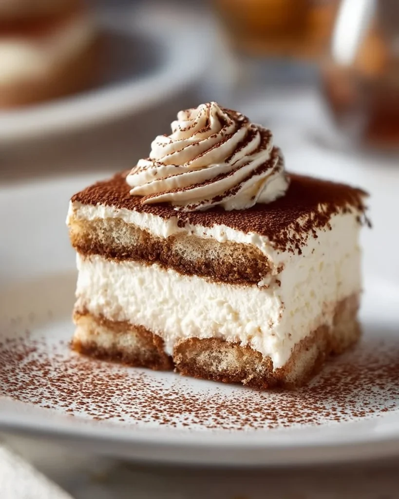 Slice of tiramisu cheesecake topped with cocoa powder and coffee beans