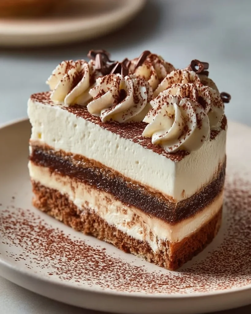 Delicious slice of Tiramisu Cheesecake on a decorative plate
