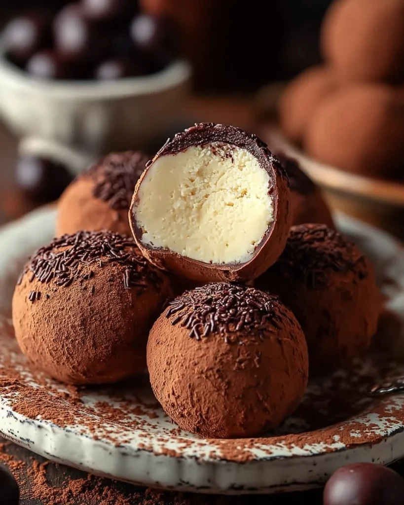 Delicious tiramisu chocolate balls topped with cocoa powder and coffee beans.