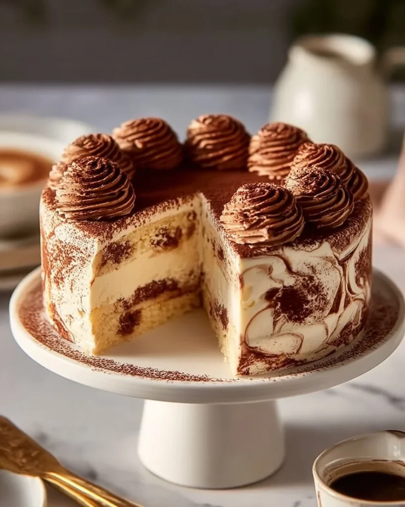 Delicious tiramisu ice cream cake with layers of coffee and chocolate