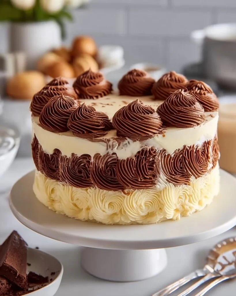 Tiramisu Ice Cream Cake topped with cocoa powder and coffee beans