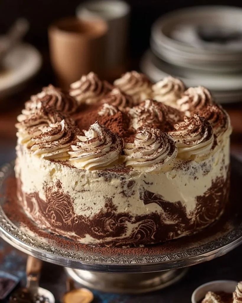 Delicious tiramisu ice cream cake topped with cocoa and chocolate shavings